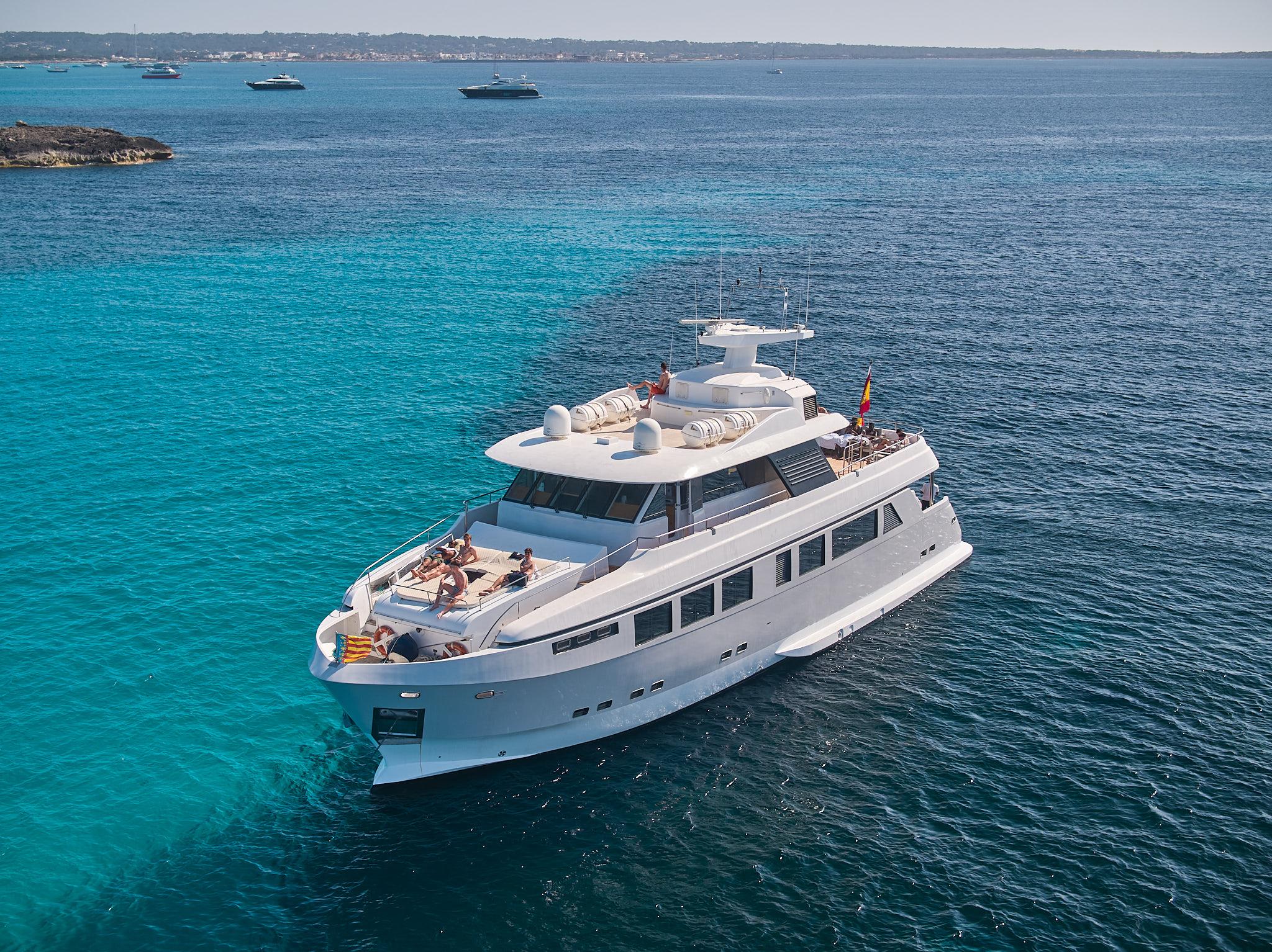 Explorer 92 luxury event yacht sailing in Ibiza waters