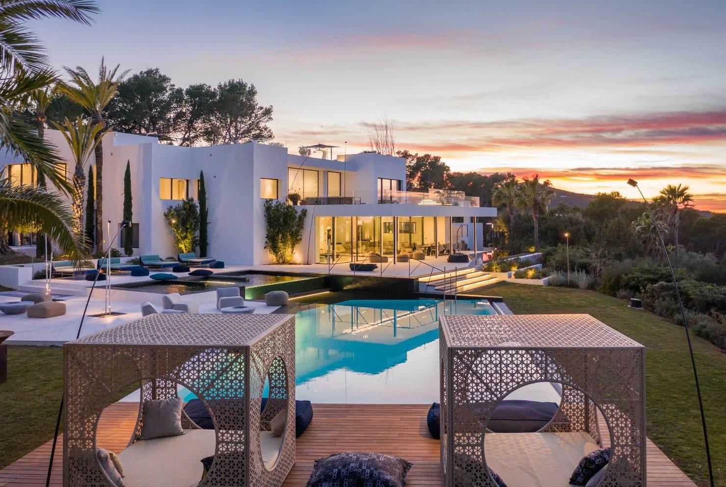 Exclusive evening exterior view of Villa Forest Ibiza