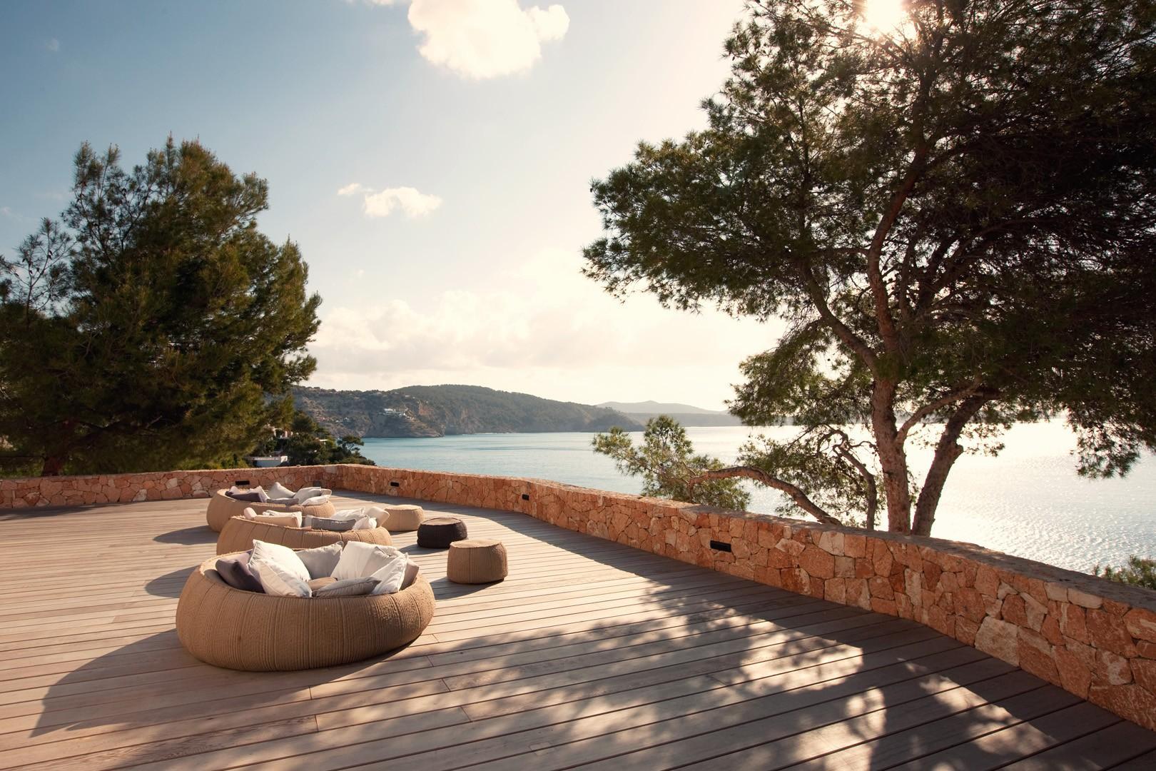 Sunset chill-out terrace overlooking the Ibiza coastline at Casa Alegre